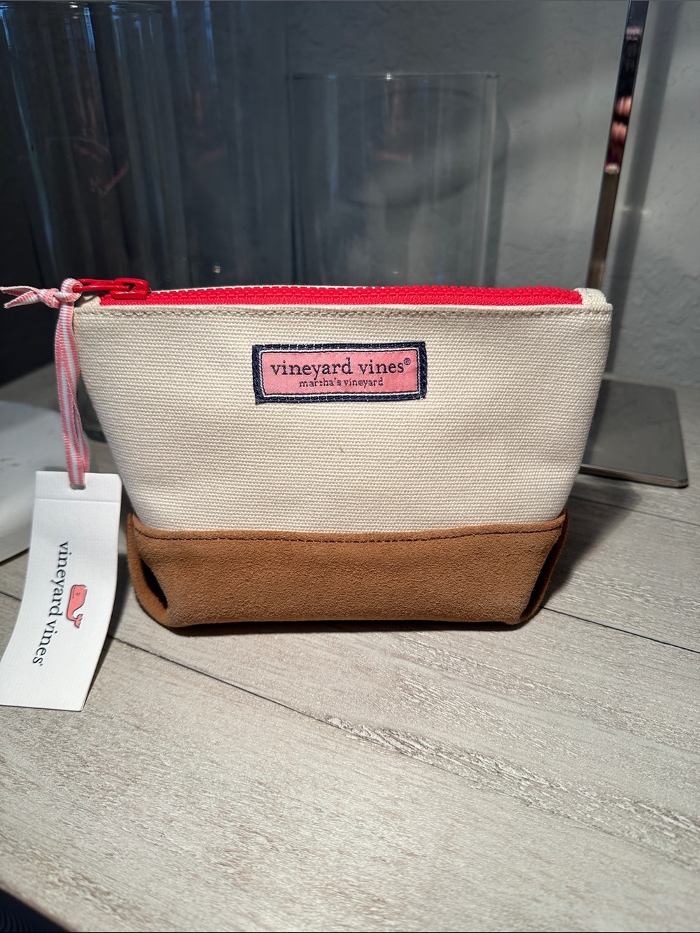 Vineyard Vines Cotton Canvas Cosmetic Pouch with tan leather base